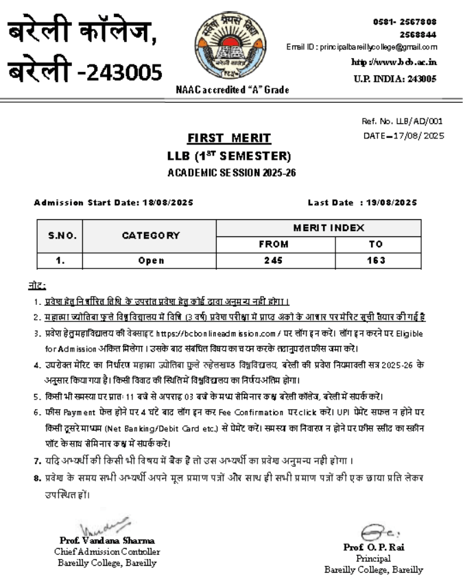 Bareilly college LLB First Merit List
